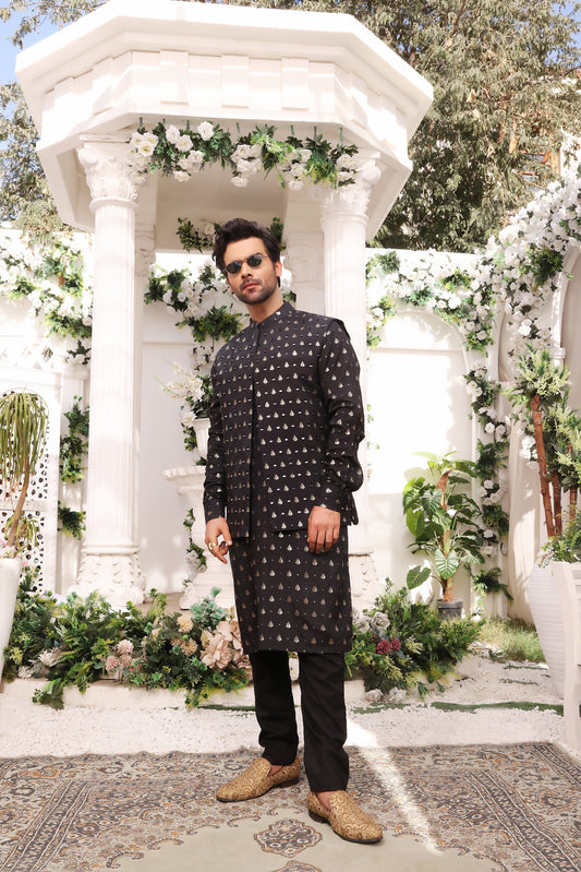 DM MR 21 Black Mirror Embroidery Self Cotton Silk Fabric Kurta Pajama