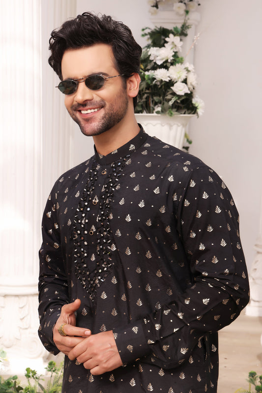 DM MR 21 Black Mirror Embroidery Self Cotton Silk Fabric Kurta Pajama