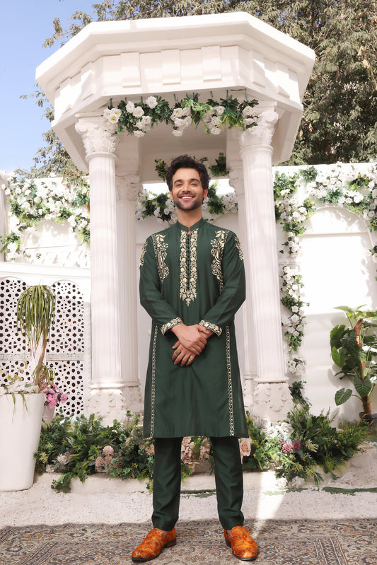 DM MR 25 Green Gold Embroidery Self Cotton Silk Fabric Kurta Pajama