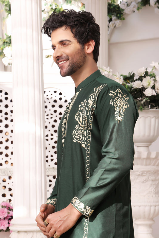 DM MR 25 Green Gold Embroidery Self Cotton Silk Fabric Kurta Pajama