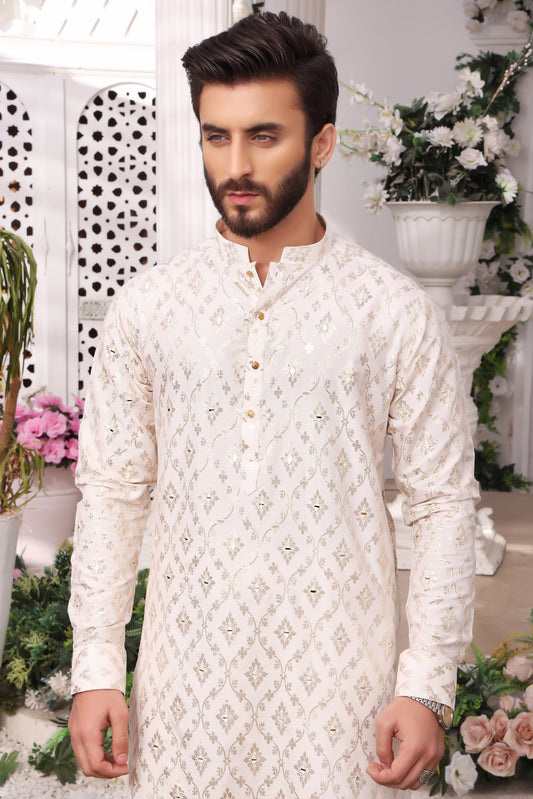 DM MR 32 White Mirror Embroidery Self Cotton Silk Fabric Kurta Pajama