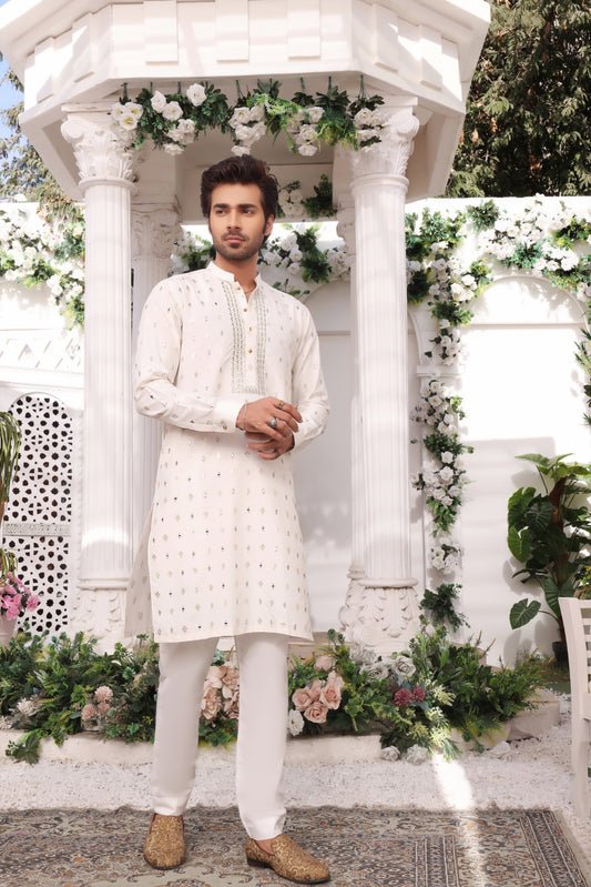 DM MR 31 White 2 Mirror Embroidery Self Cotton Silk Fabric Kurta Pajama