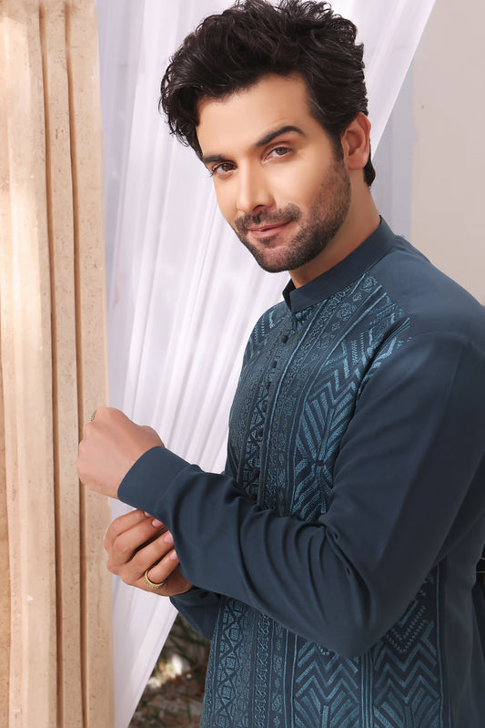 DM MR 28 Green On Green Embroided Kurta ANd White Trouser