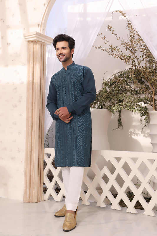DM MR 28 Green On Green Embroided Kurta ANd White Trouser