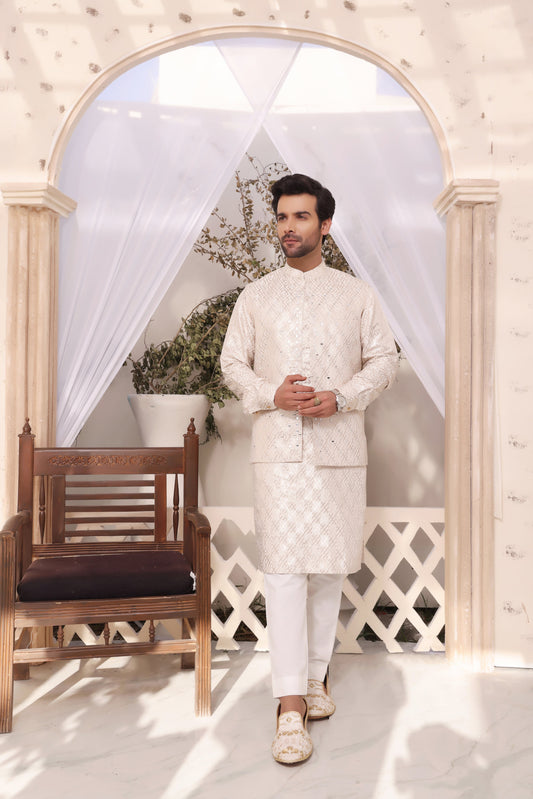 DM MR 27 MAtrix Mirror Embroidery Self Cotton Silk Fabric Kurta Pajama
