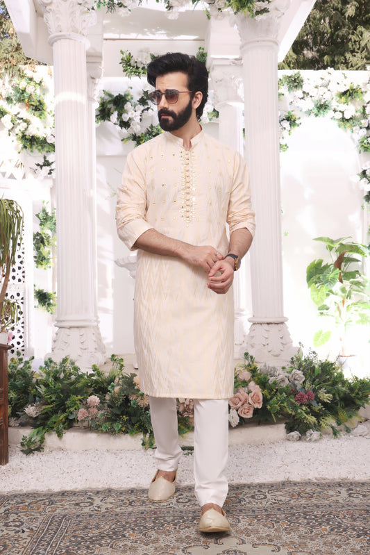 DM MR 23 Gold 2 Mirror Embroidery Self Cotton Silk Fabric Kurta Pajama