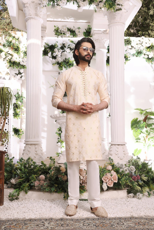 DM MR 24Gold Mirror Embroidery Self Cotton Silk Fabric Kurta Pajama