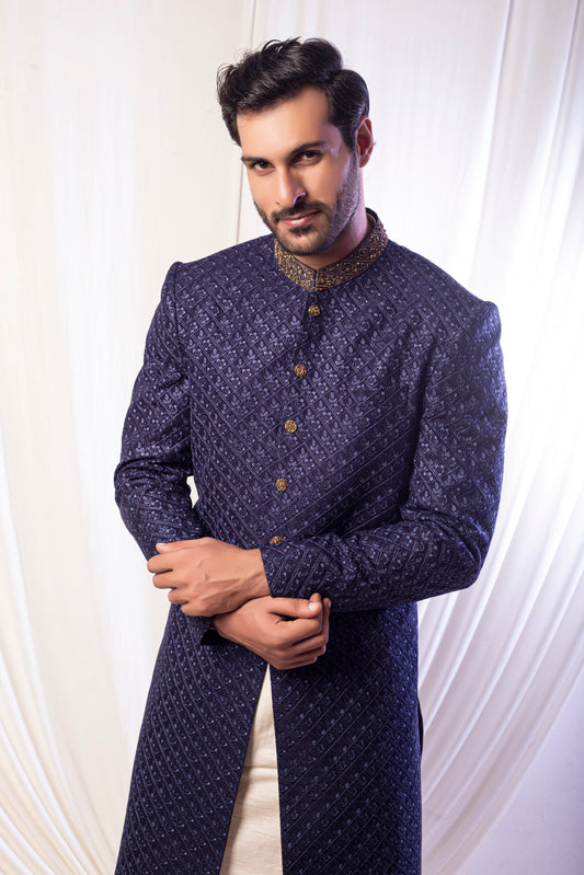 Pure Blue With Gold Work Sherwani For Groom