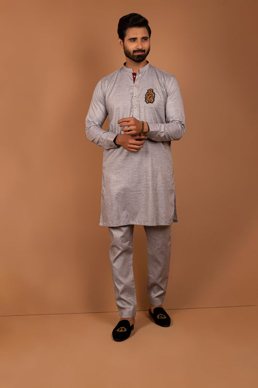 DM 348 Feather Grey Slim Fit Kurta Pajama with Emblished Motif on Front