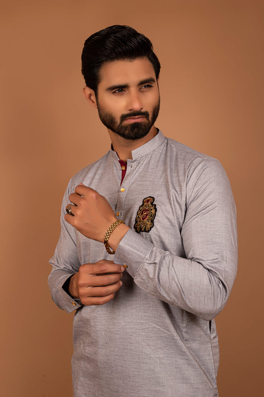 DM 348 Feather Grey Slim Fit Kurta Pajama with Emblished Motif on Front