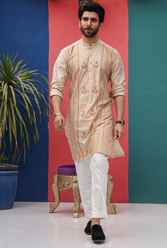 DM 592 Gold Coton Silk With Dark Chiicken Kari EMbroidery