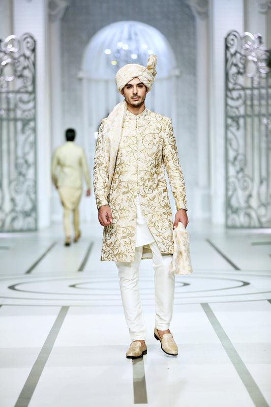 BCW 31 Ivory Gold Sherwani Paired With Gold Turbans