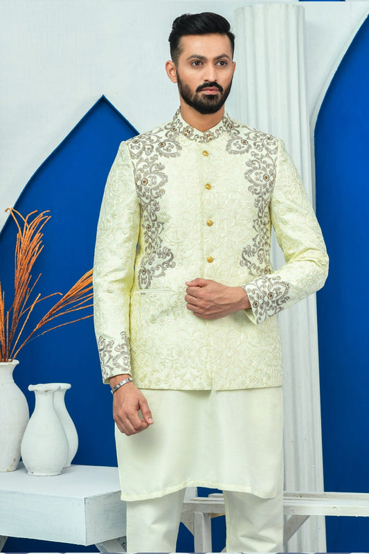 DM PC 2029 Royal Cream Side Embroided Bandh Gala Prince Coat with Zari work