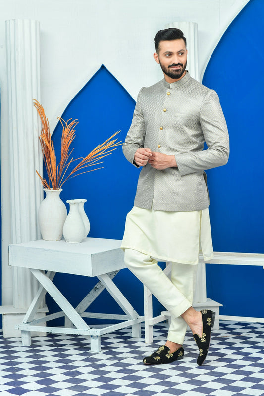 DM PC 2024 Grey Silver Aari Checkered Work Prince Coat