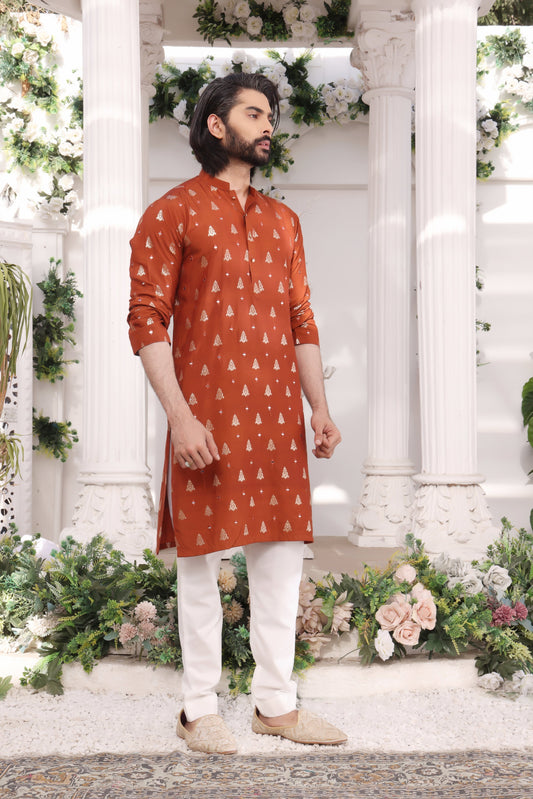 DM MR 29 Orange Mirror Embroidery Self Cotton Silk Fabric Kurta Pajama