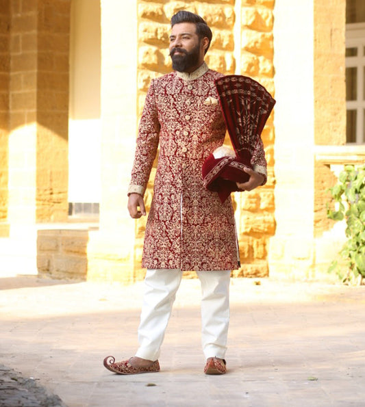 DM Sh- 090 Red Velvet Sherwani With Gold Work For Groom Kurta Pajama Turban And Shoes