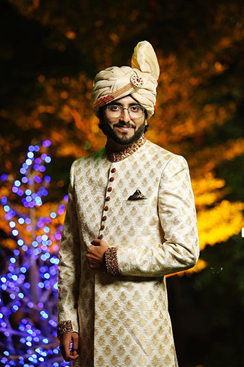DM SH-087 Golden Boti Work Oon Jamawar With Collar Cuff Kora Dabka Work FOr Groom