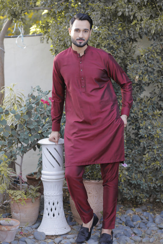 DM571 Maroon Cotton Silk Kurta Pajama With Velvet Finish For Men