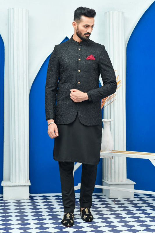 DM PC 2031 Black edit 41 Design with Resham Work All Over Prince Coat
