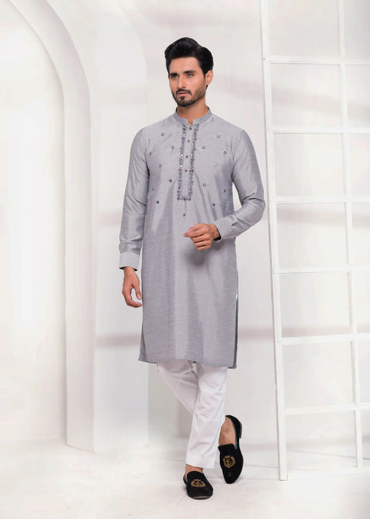 DM EMB 531 Grey Raw Silk Mirror Embroidery Kurta Pajama