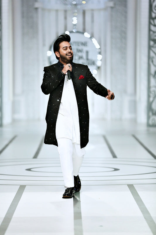 BCW 43 Waji Mirror Work Black Short Sherwani