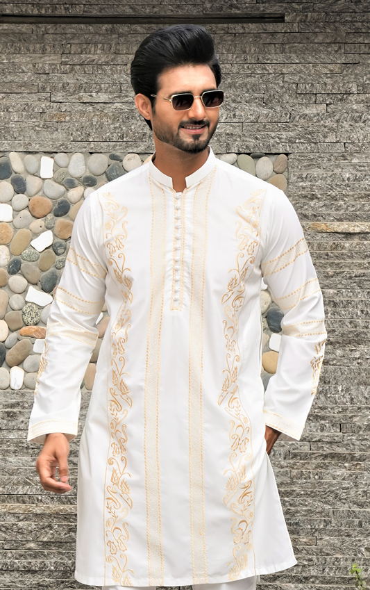 DM 585 White Kurta Pajama With Gold Embroidery