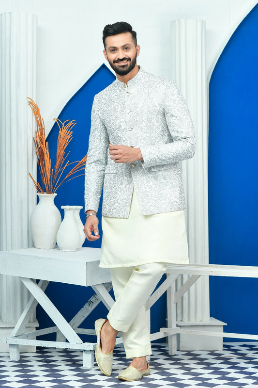 DM PC 2023 White & Silver Zari Work Prince Coat
