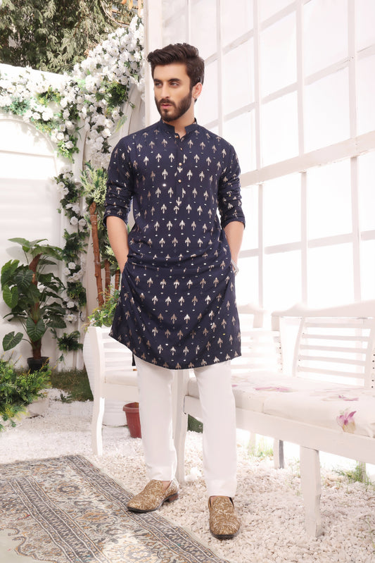 DM MR 22 Blue Mirror Embroidery Self Cotton Silk Fabric Kurta Pajama