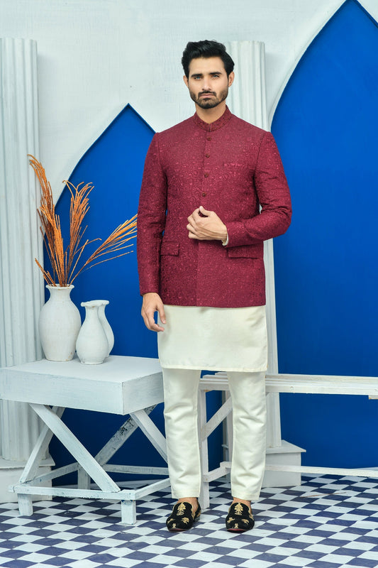 DM PC 2030 Maroon on Maroon elegant embroided Kora Dabka Work on Collar with Hand Finished Buttons Prince Coat