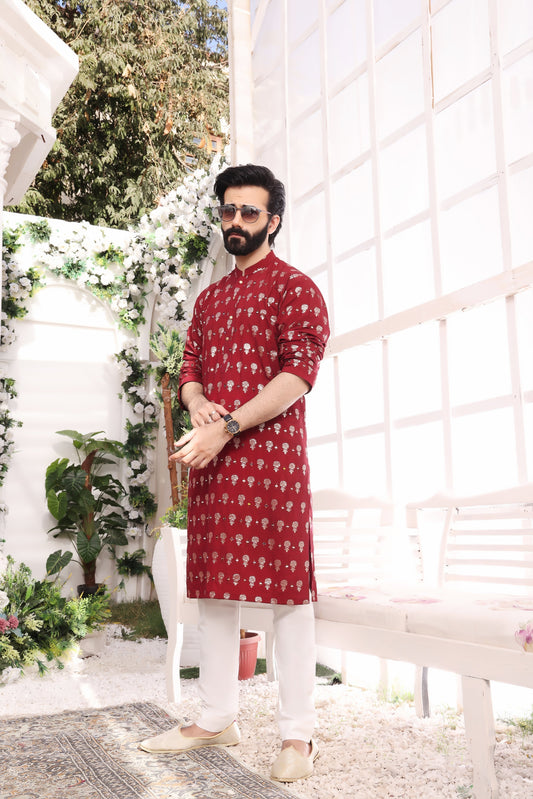 DM MR 30 Red Mirror Embroidery Self Cotton Silk Fabric Kurta Pajama