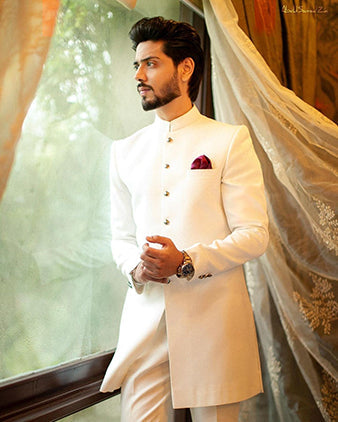 DM SH-078 White Sherwani Plain Golden Buttons With Pants
