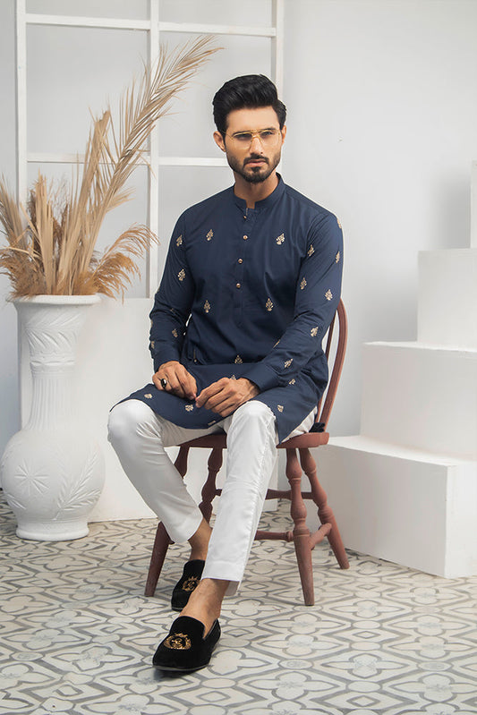 DM 525 Blue WIth Gold EMbroided Kurta And Off White Trouser