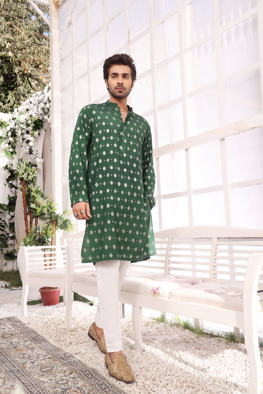 DM MR 26 Green Mirror Embroidery Self Cotton Silk Fabric Kurta Pajama