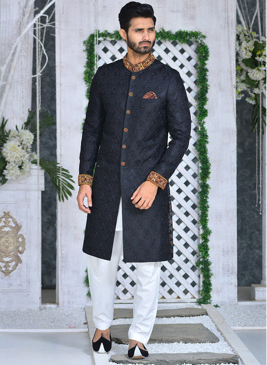 DM SH-085 Black Boti Work Oon Jamawar With Collar Cuff Kora Dabka Work FOr Groom