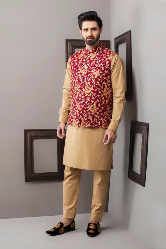 DM WC 1037 Maroon zari Work Waist Coat