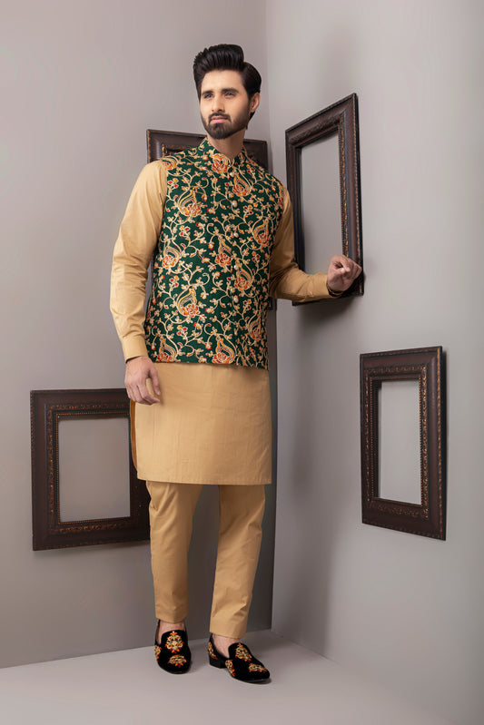 DM WC 1038 Royal Green Zari Work Waist Coat