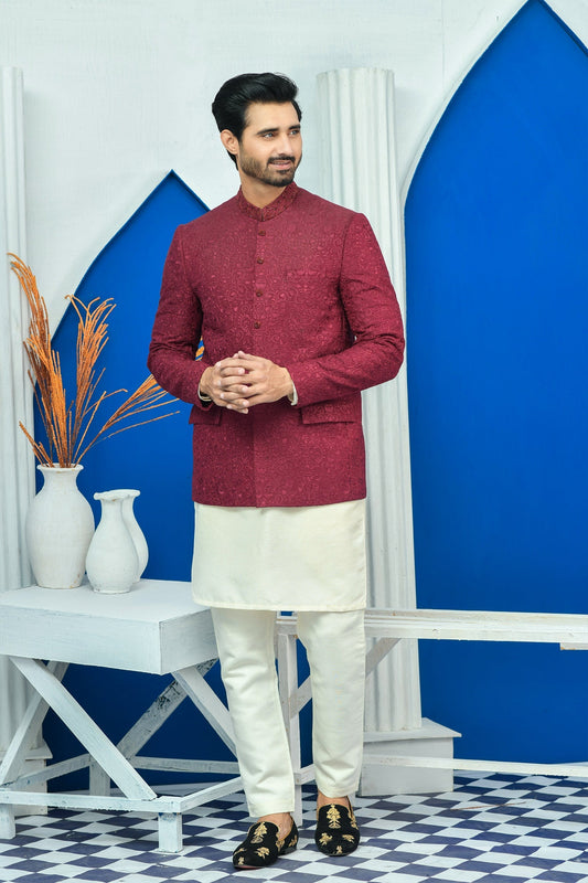 DM PC 2030 Maroon on Maroon elegant embroided Kora Dabka Work on Collar with Hand Finished Buttons Prince Coat