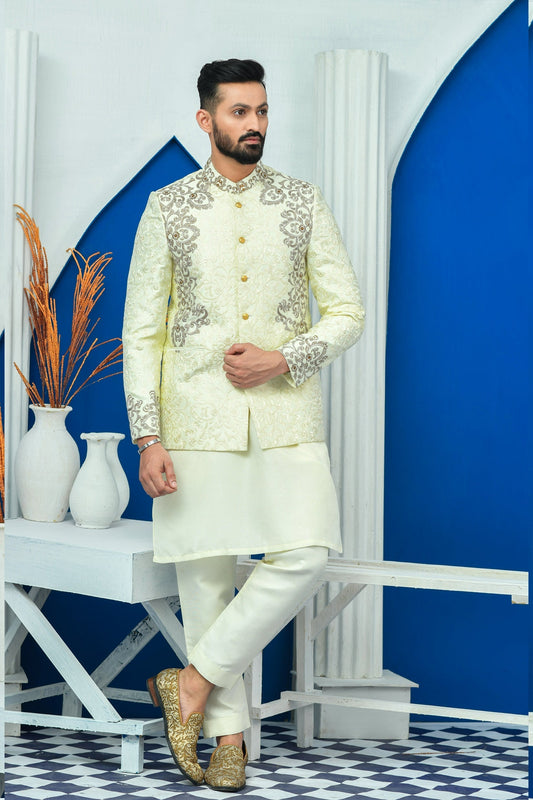 DM PC 2029 Royal Cream Side Embroided Bandh Gala Prince Coat with Zari work