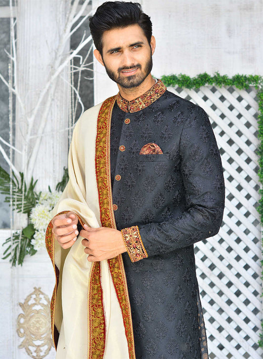 DM SH-085 Black Boti Work Oon Jamawar With Collar Cuff Kora Dabka Work FOr Groom