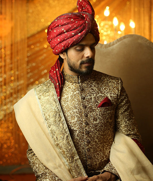 DM SH-084 Groom Sherwani Copper With Cutt Dana Work On Collar