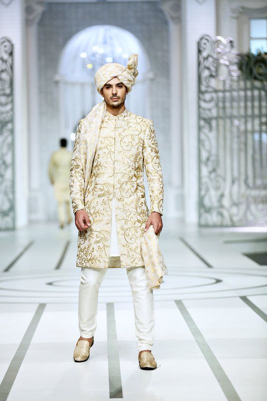 BCW 31 Ivory Gold Sherwani Paired With Gold Turbans