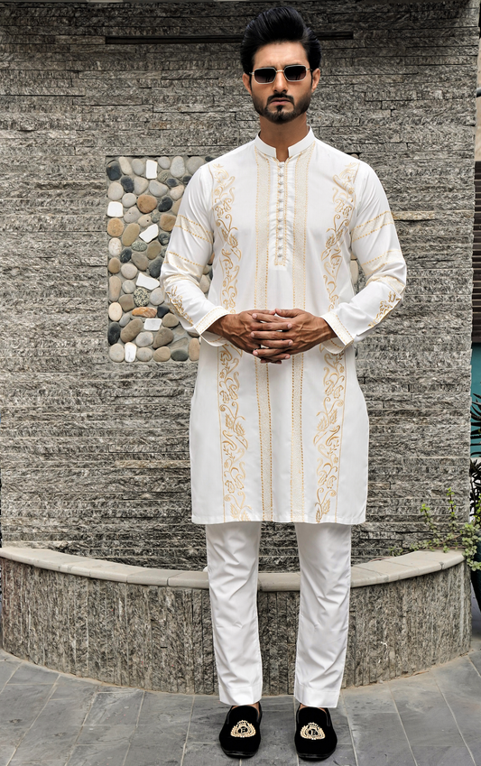 DM 585 White Kurta Pajama With Gold Embroidery