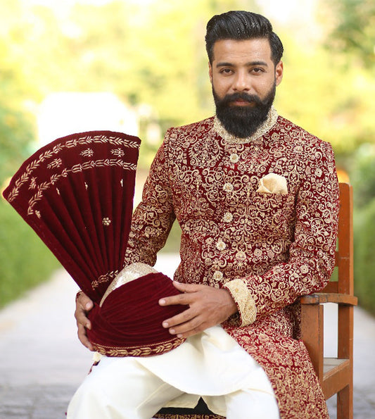 DM Sh- 090 Red Velvet Sherwani With Gold Work For Groom Kurta Pajama Turban And Shoes
