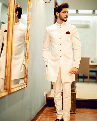 DM SH-078 White Sherwani Plain Golden Buttons With Pants
