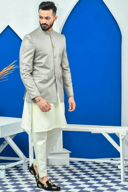 DM PC 2024 Grey Silver Aari Checkered Work Prince Coat