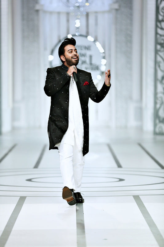 BCW 43 Waji Mirror Work Black Short Sherwani