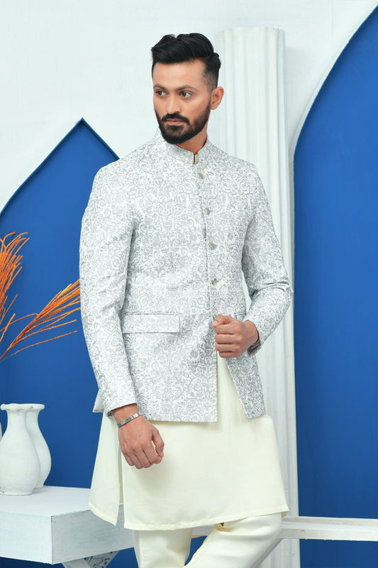 DM PC 2023 White & Silver Zari Work Prince Coat