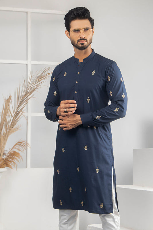 DM 525 Blue WIth Gold EMbroided Kurta And Off White Trouser