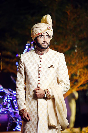 DM SH-087 Golden Boti Work Oon Jamawar With Collar Cuff Kora Dabka Work FOr Groom