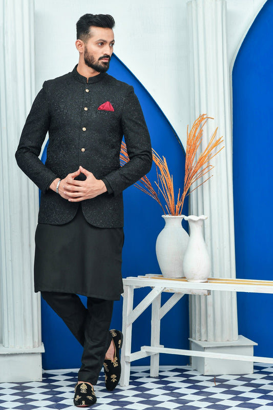 DM PC 2031 Black edit 41 Design with Resham Work All Over Prince Coat